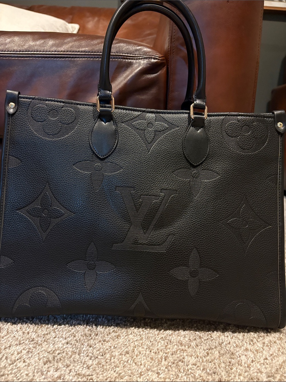 Faux Louis Vuitton Black Embossed Monogram OnTheGo Tote